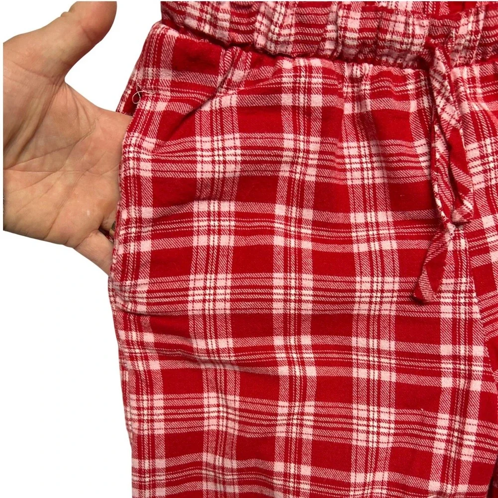 Happily Grey Red Plaid Flannel‎ Pajama Set Dog Embroidered Sleepwear Small EUC